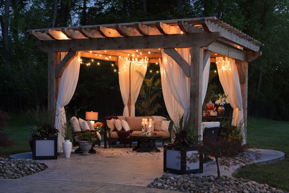 Pergola - photo of gazebo with curtain and string lights